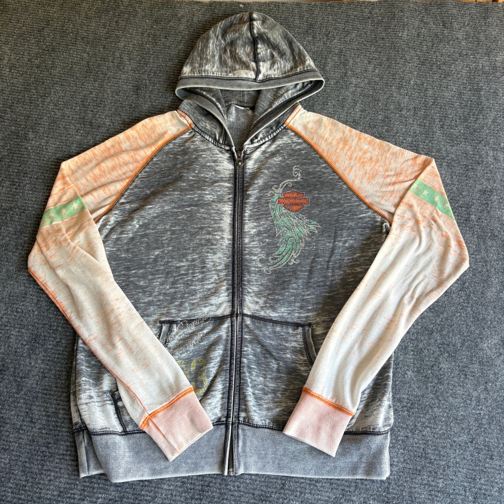 Harley-Davidson Gray Zip-Up Hoodie with Peach and Mint Accents